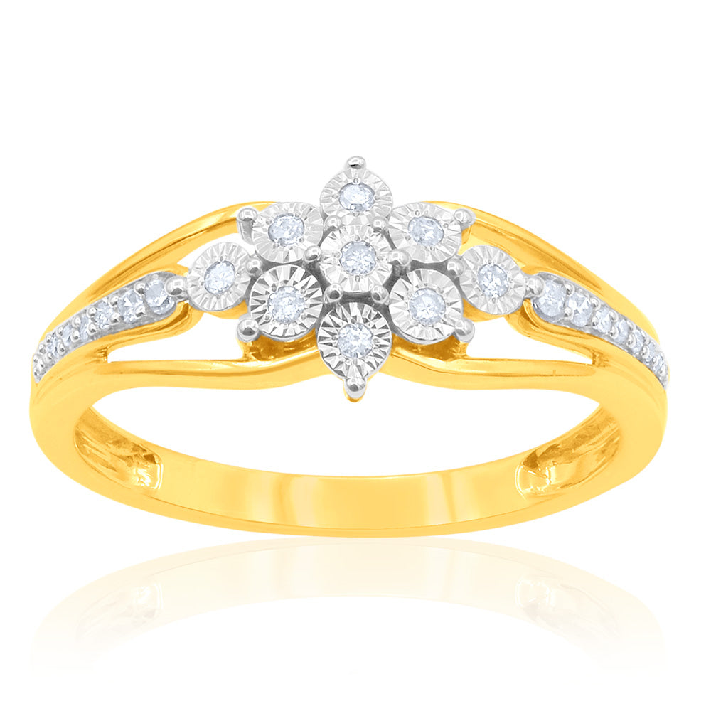 Exquisite 9ct Yellow Gold Engagement Ring Adorned With 25 Sparkling Brilliant Diamonds
