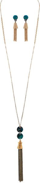 Fashionable Patina Gold Colored Long Tassel Drop Style Necklace Jewelry Set