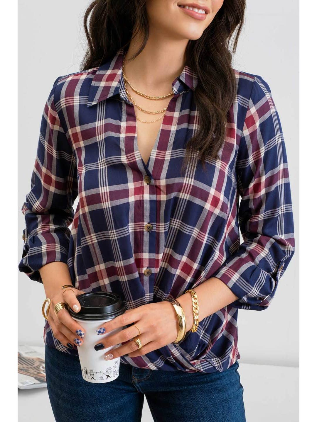 Stylish Plaid Pattern Button Down Wrap Front Women's Top