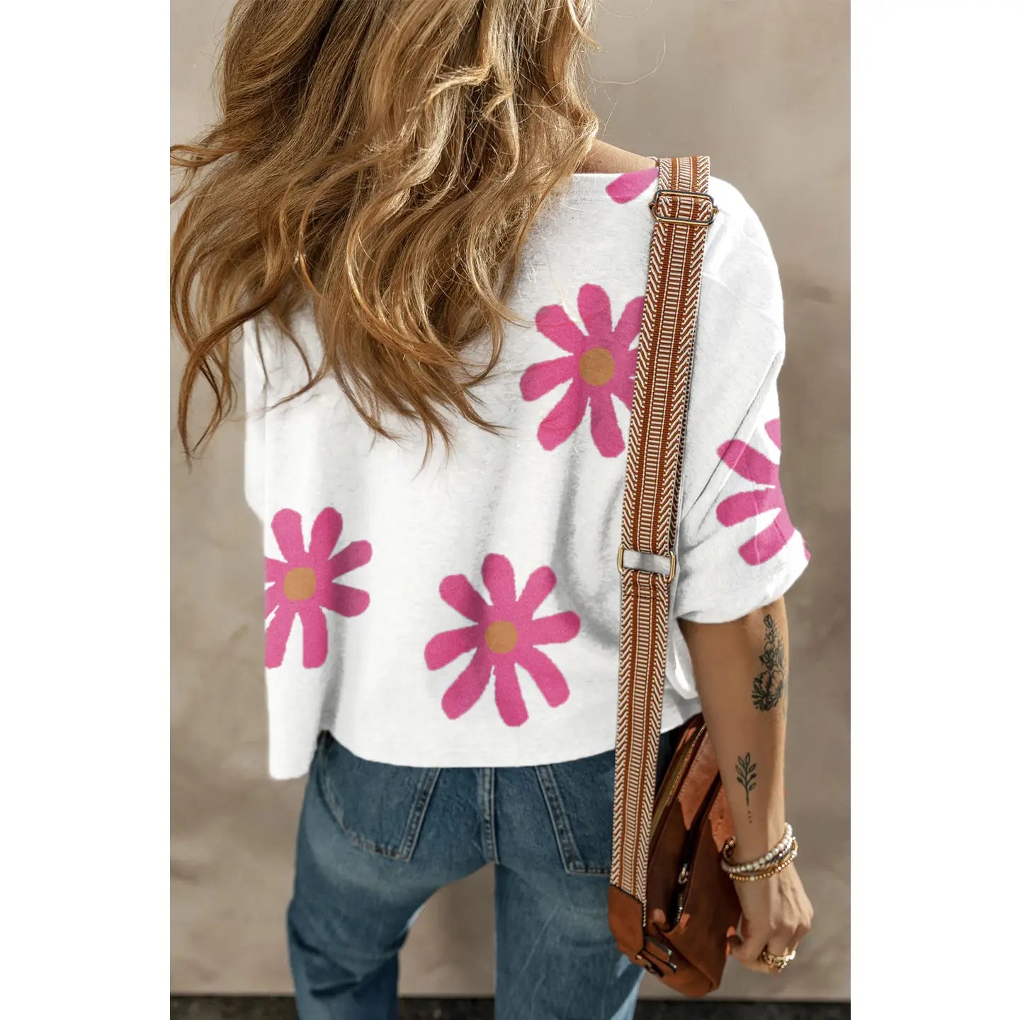 LITTLE DAISY CLOSET Women's Fashionable Big Floral Pattern Round Neck Shift Style Blouse