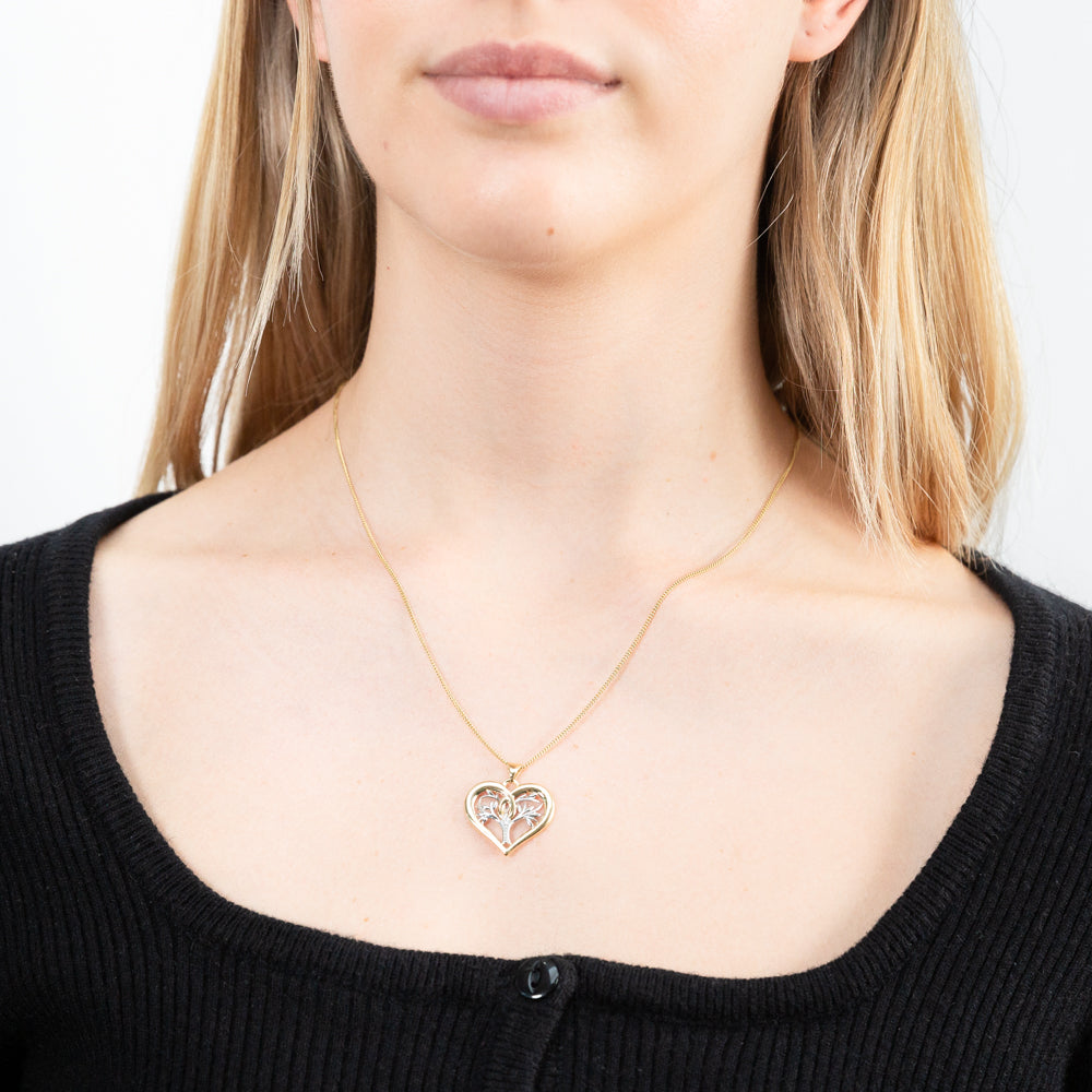 Stunning 9ct Yellow Gold Heart Pendant with a Brilliant Cut Diamond and Tree of Life Design