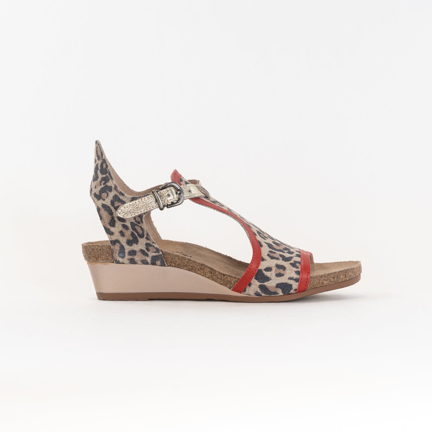 Naot Women's Fiona Wedge Sandals - Cheetah Print and Kiss Red Color Scheme