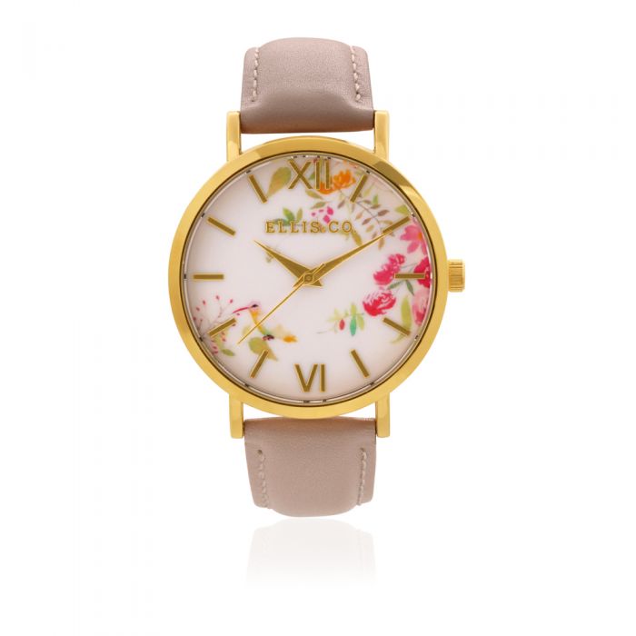 Ellis & Co Fashionable Holly Floral Design Dial with Nude-Colored Soft Leather Band Watch