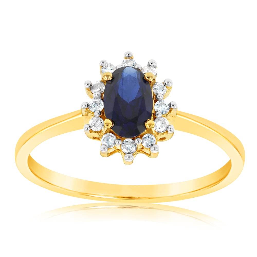 Exquisite 9ct Yellow Gold Ring with Real Diamonds and Lab - Created Sapphires