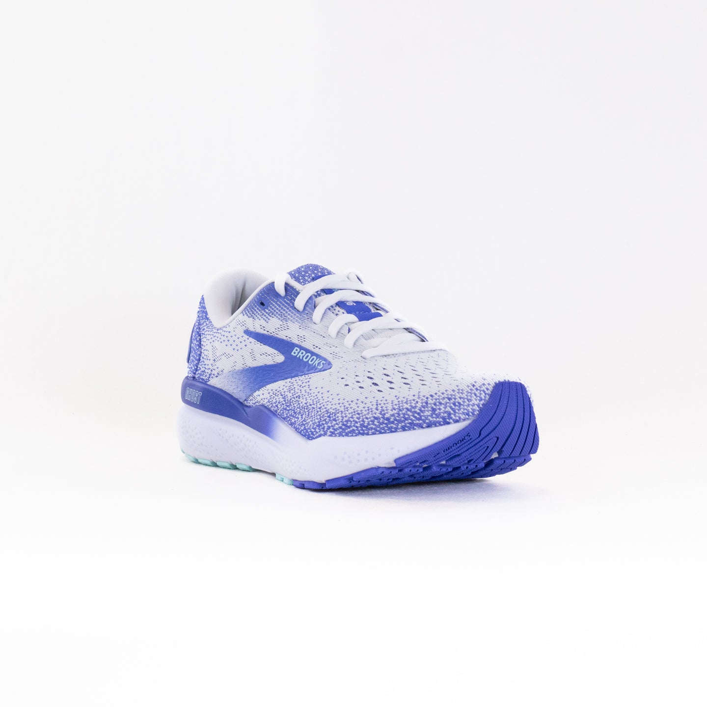 Women's Brooks Ghost 16 Running Shoes in White, Amparo Blue, and Limpet Shell Colors