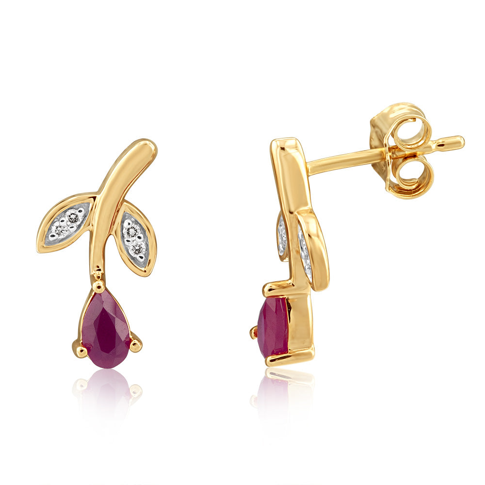 9ct Yellow Gold Stud Earrings with Natural Diamonds and Created Pear - Shaped Rubies