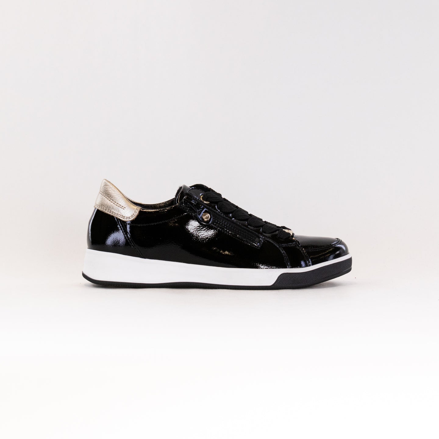 Women's Ara Rei Low Double Zip Patent Leather Sneakers in Classic Black Color