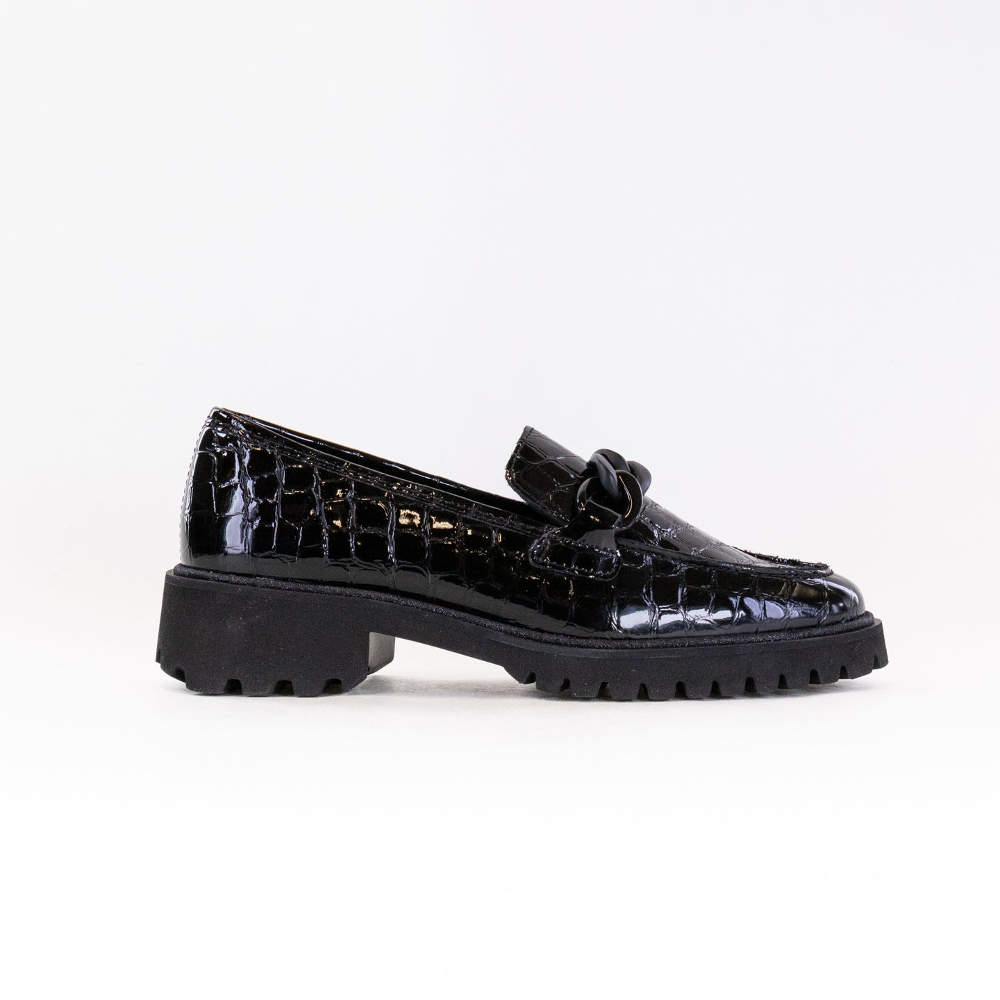 Stylish Women's Black Crocodile Print Ara Kiana Chunky Sole Chain Loafers
