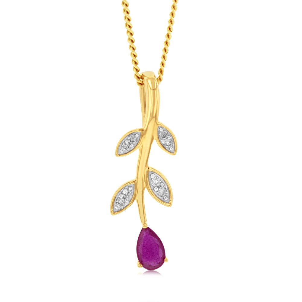 Stunning 9ct Yellow Gold Diamond and Synthetic Pear Ruby Pendant for Women's Jewelry Collection