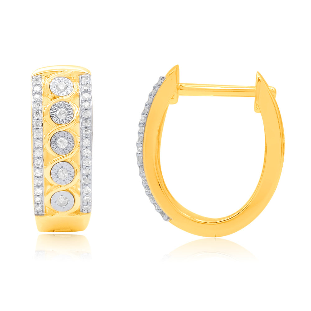 Stunning 9ct Yellow Gold Hoop Earrings Adorned with 70 Brilliant Cut Diamonds