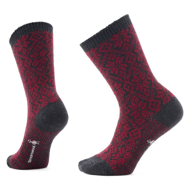 All - Day Comfort Everyday Traditional Crew Socks with Snowflake Pattern in Tibetan Red Color