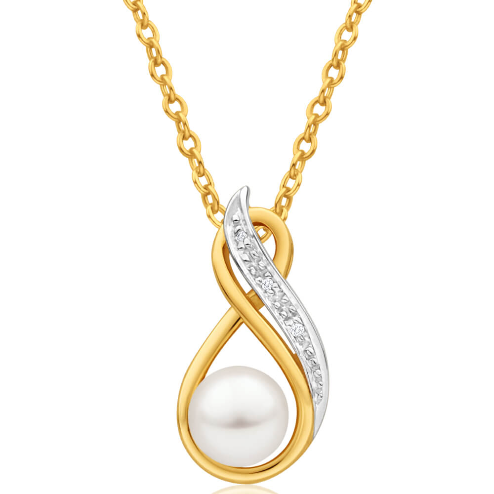 Exquisite 9ct Yellow Gold Pendant with Diamonds and Pearls in Infinity Shape