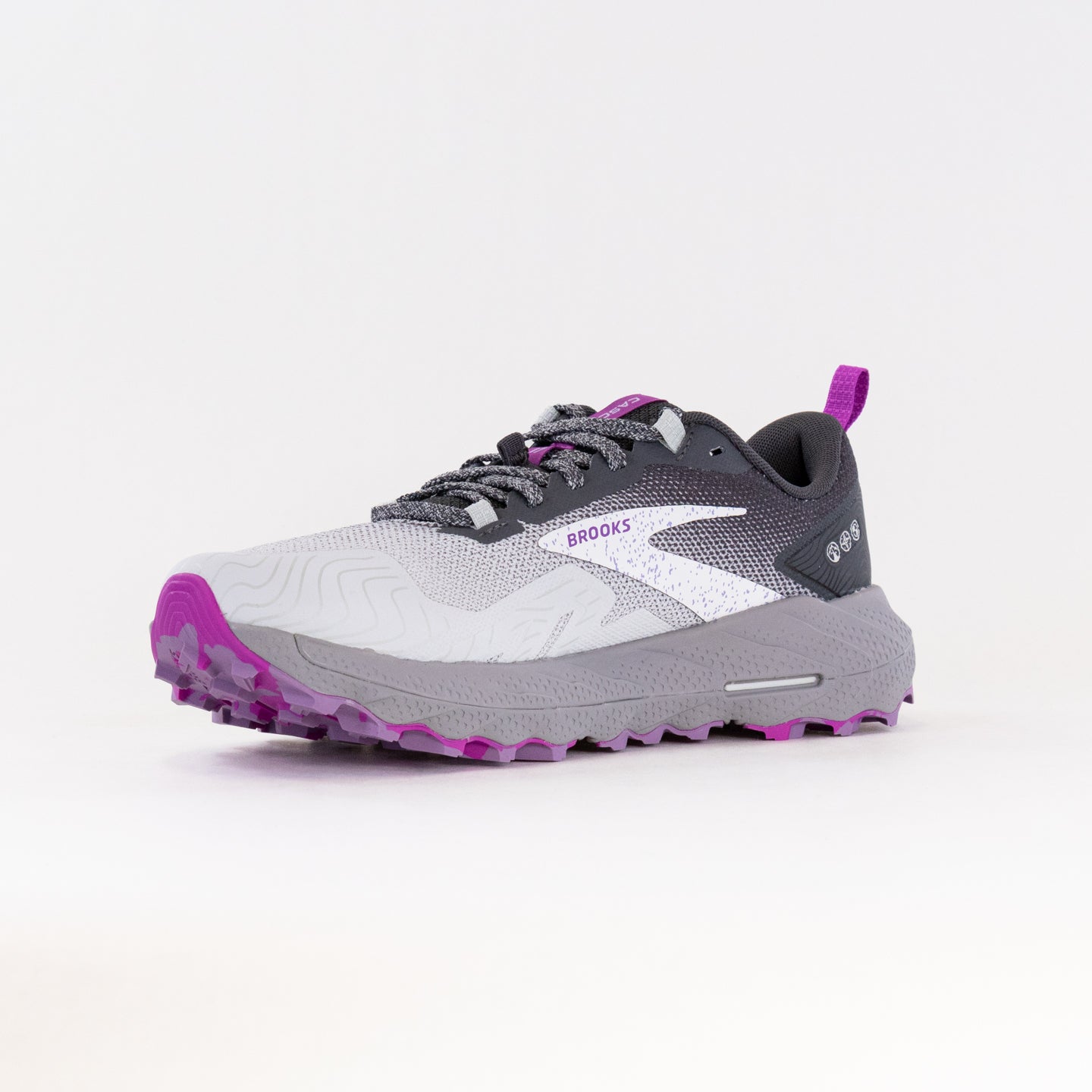 Women's Brooks Cascadia 17 Trail Running Shoes - Oyster, Blackened Pearl, and Purple Color Combination