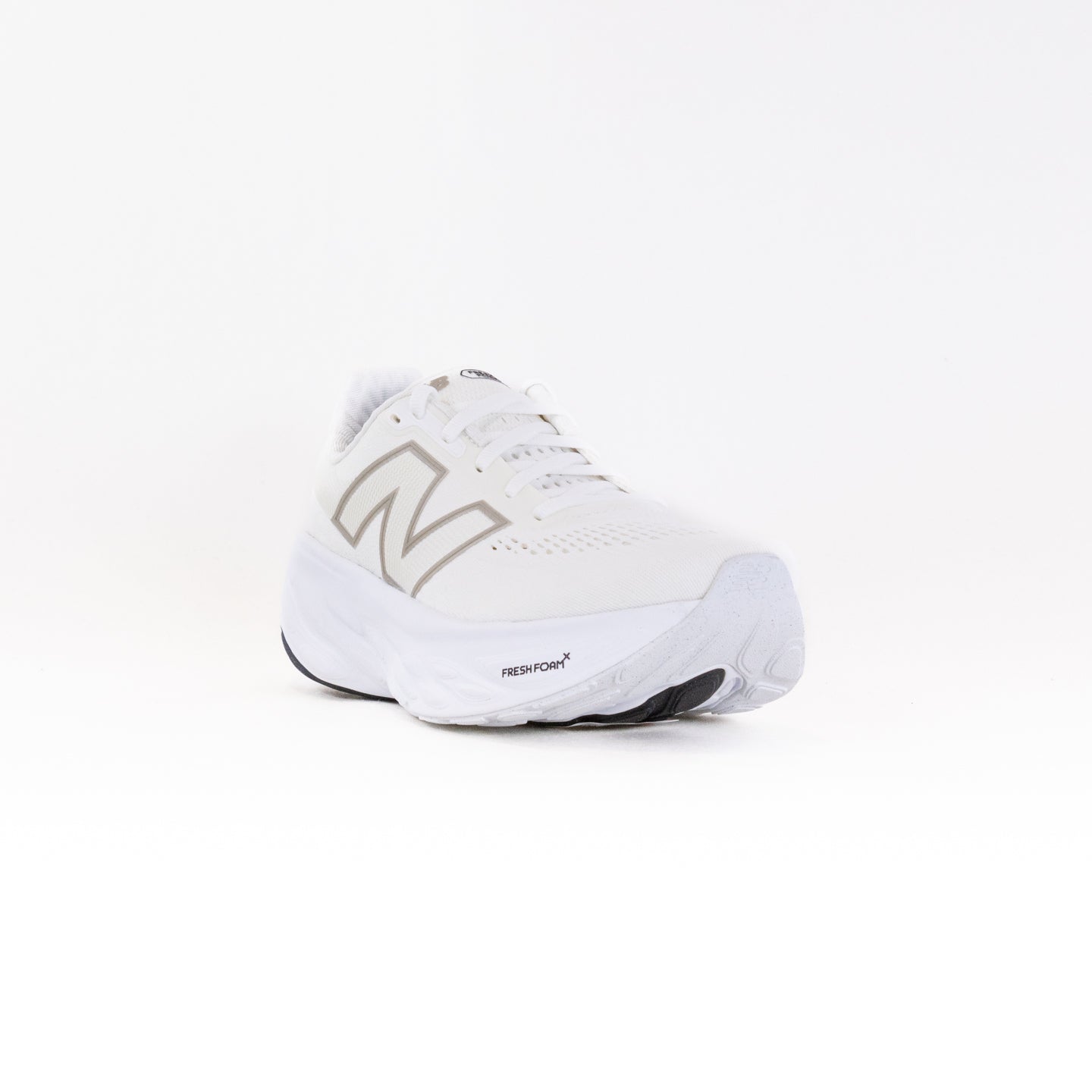New Balance Women's Road Running Shoes 1080V14 in White with Light Gold Metallic Accents and Sea Salt Color Scheme