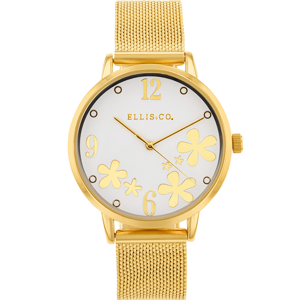 Ellis & Co Women's Gold-Tone 'Bloom' Stainless Steel Mesh Watch