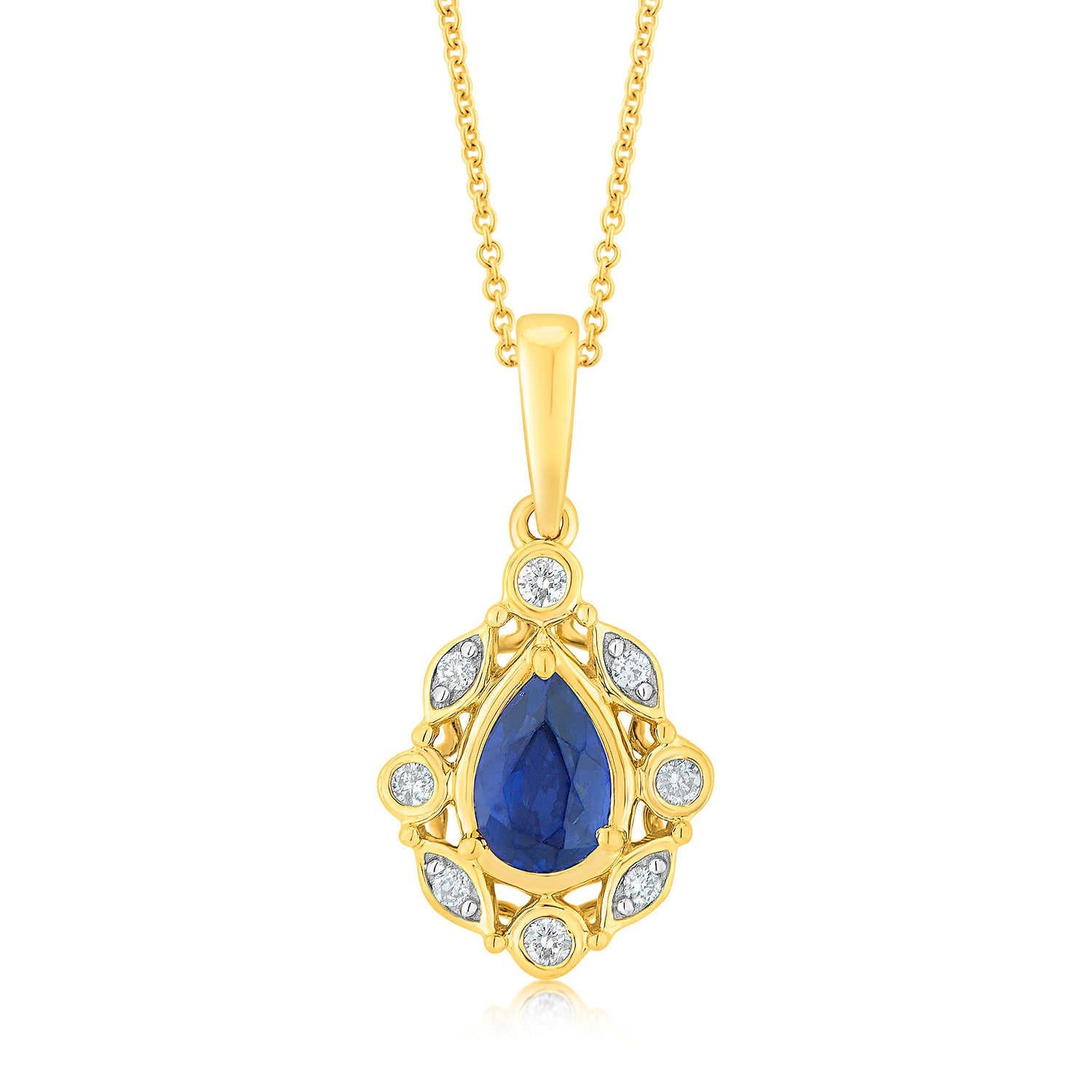 9ct Yellow Gold Diamond and Synthetic Sapphire Pendant Set with a Chain - A Stunning Jewelry Piece